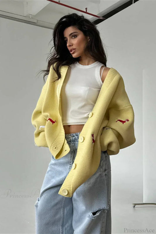 Loose Dachshund Embroidery Knit Button Cardigan