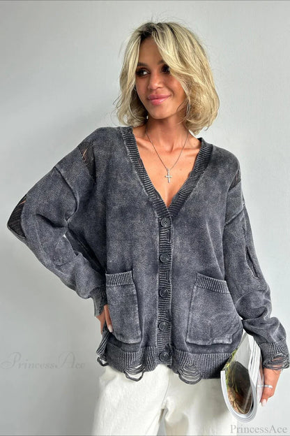 Loose Deep V Neck Knit Button Cardigan