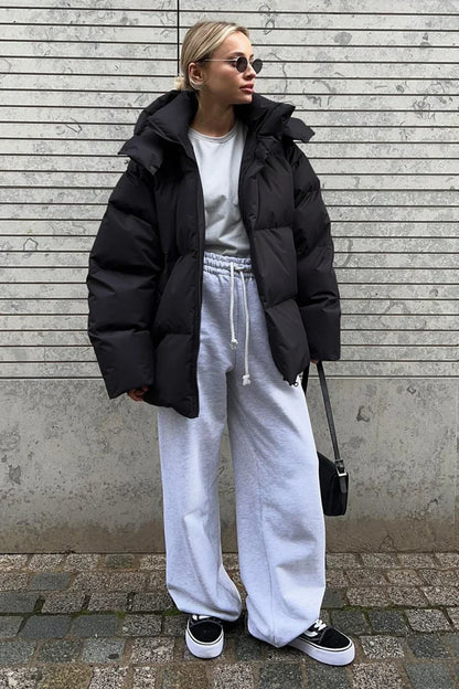 Loose Solid Minimalist Hooded Cotton Coat