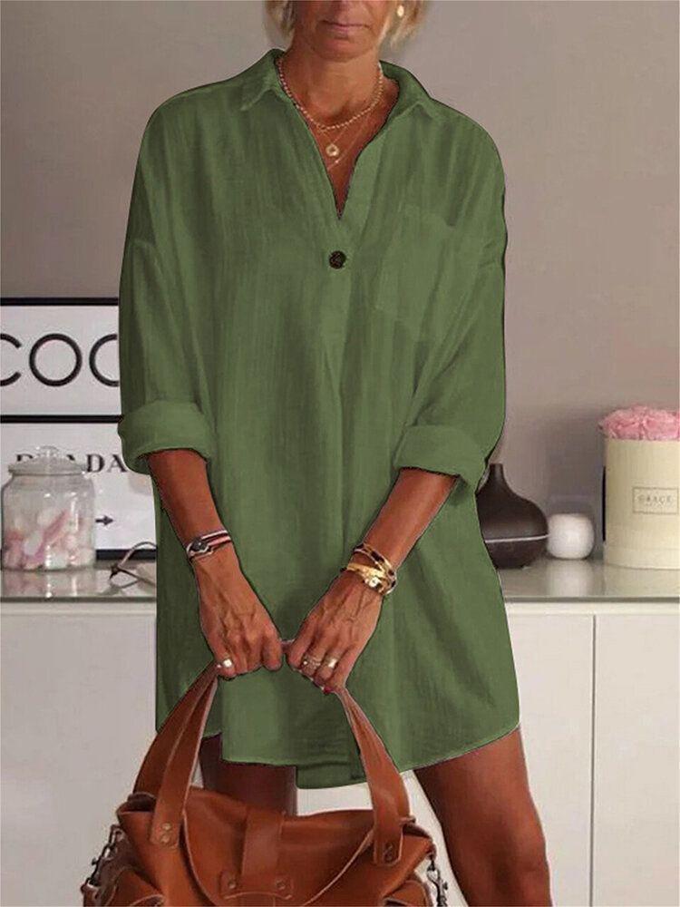 Loose V-Neck Long Sleeve Shirt Dress