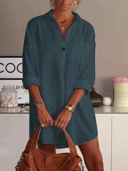 Loose V-Neck Long Sleeve Shirt Dress