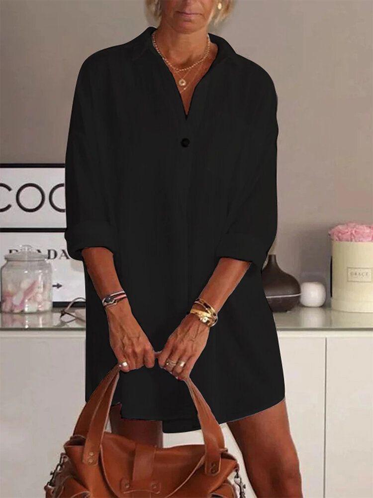 Loose V-Neck Long Sleeve Shirt Dress