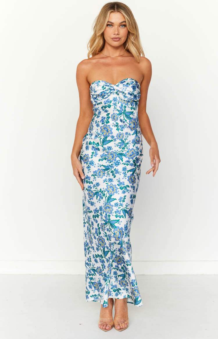 Strapless Sweetheart Twist Front Floral Print Bodycon Maxi Dress
