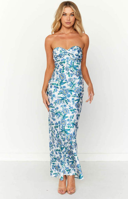 Strapless Sweetheart Twist Front Floral Print Bodycon Maxi Dress