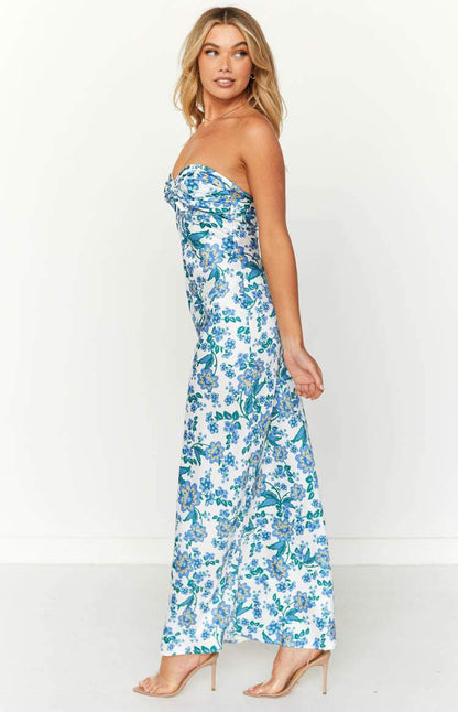 Floral Print Twist Front Sweetheart Strapless Bodycon Maxi Dress