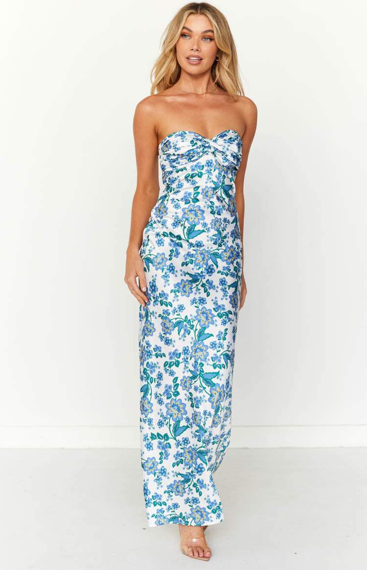 Floral Print Twist Front Sweetheart Strapless Bodycon Maxi Dress