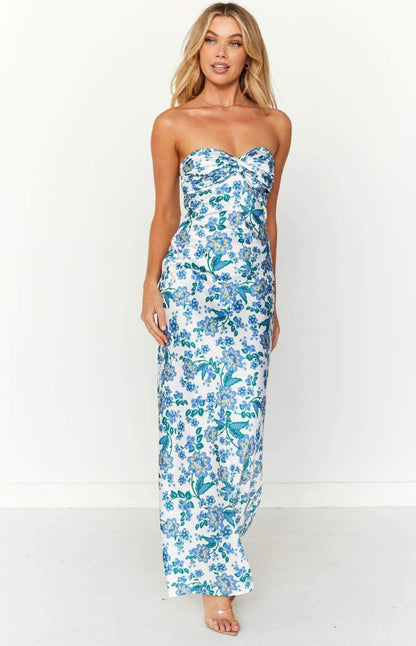 Strapless Sweetheart Twist Front Floral Print Bodycon Maxi Dress