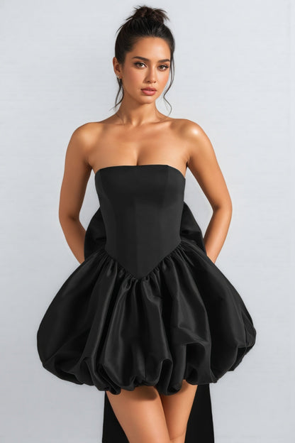 Zevpt Black Bow Halter Lantern Mini Dress