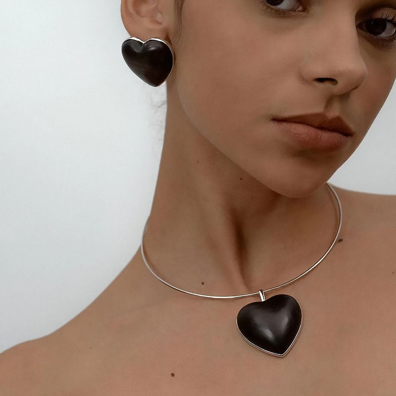 Sandalwood Heart Pendant Rhodium Plated Choker Necklace Love is Around