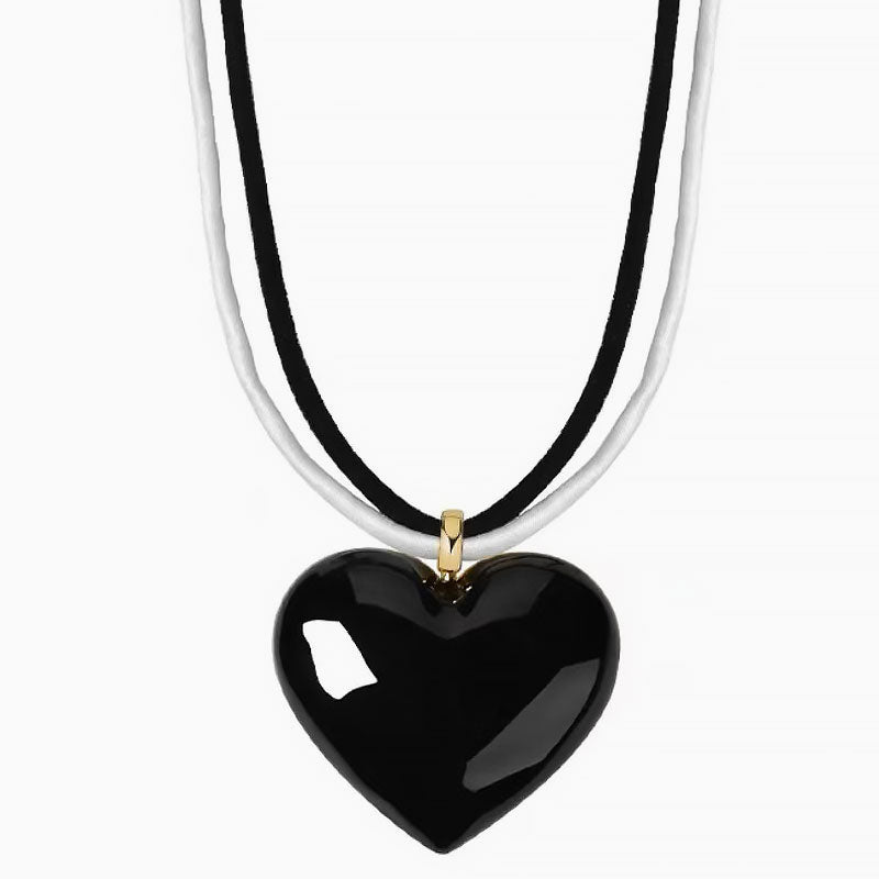 Heart Pendant Necklace with Two Tone Enameled Design and Wrapped Cord