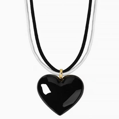 Heart Pendant Necklace with Two Tone Enameled Design and Wrapped Cord