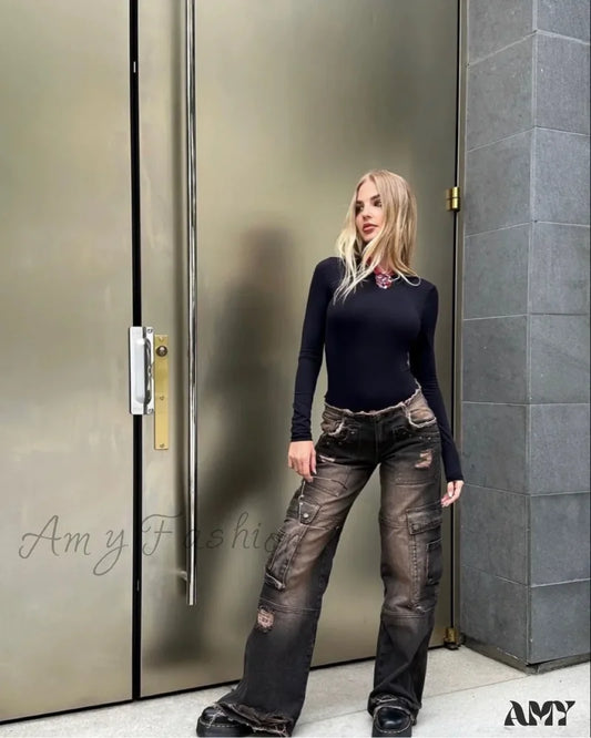 Low-rise Ripped Water Blast Multi-pocket Overalls Jeans