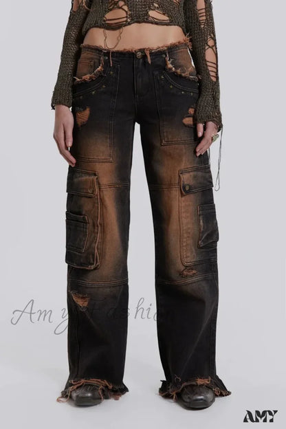 Low-rise Ripped Water Blast Multi-pocket Overalls Jeans