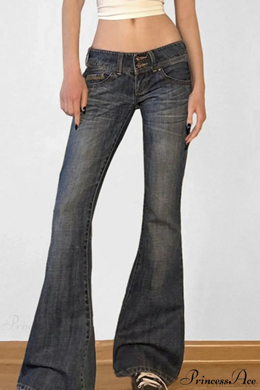 Low Waisted Washed Slim Flared Leg Jeans