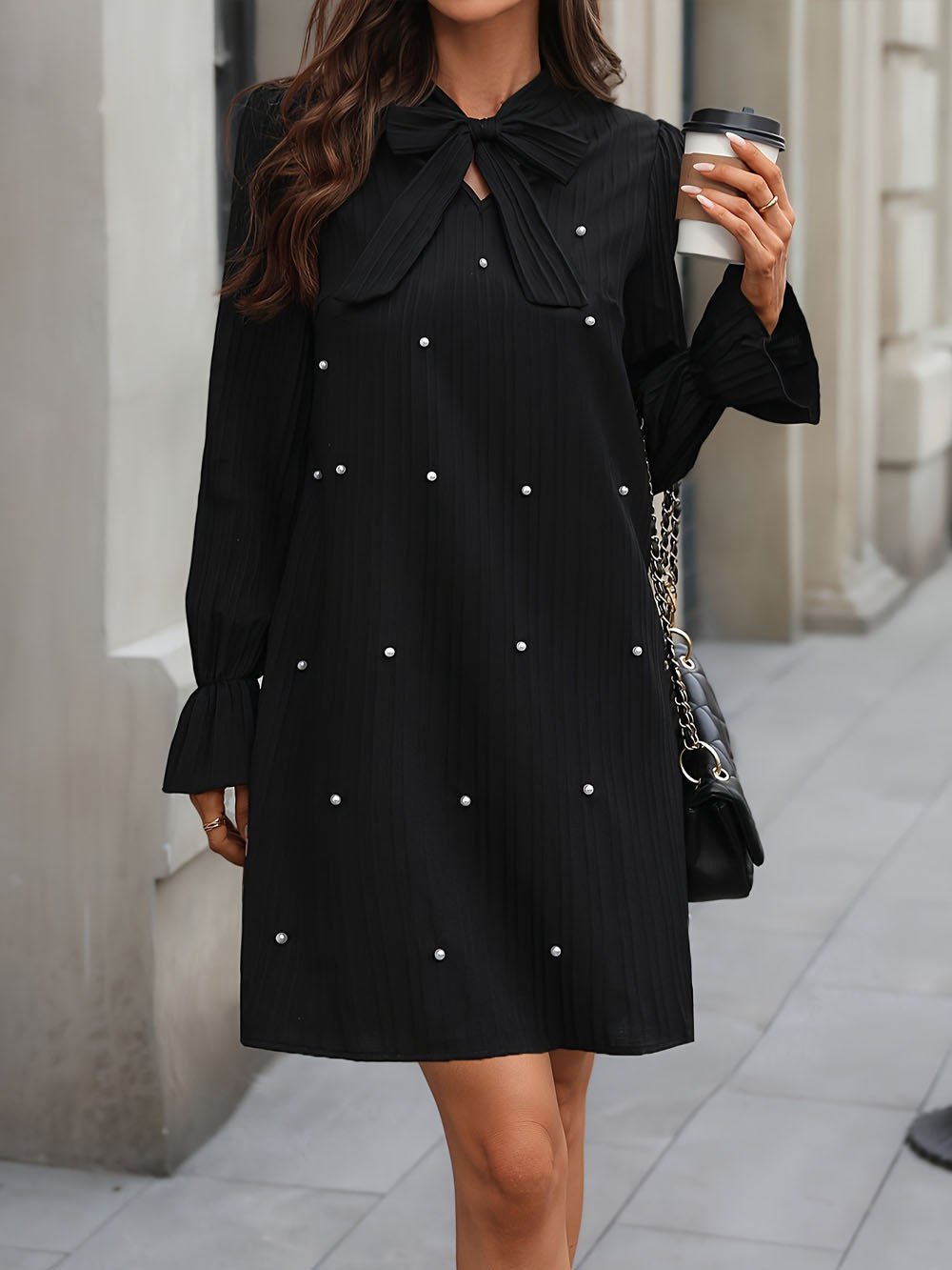 Pearl Scatter Pussy-Bow Plissé Ruffle-Cuff Mini Dress