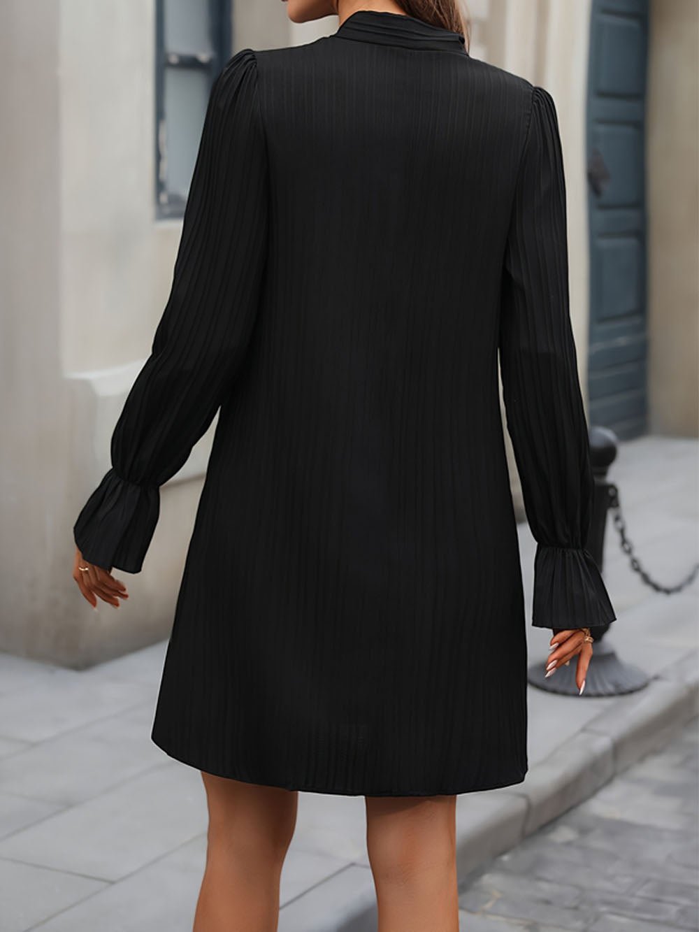 Pearl Scatter Pussy-Bow Plissé Ruffle-Cuff Mini Dress