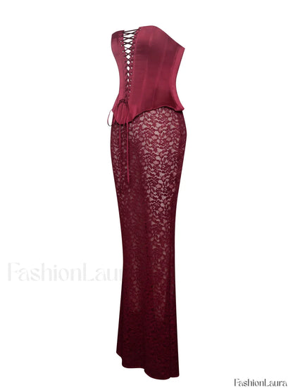 Lucinda Burgundy Satin Charming Lace Corset Maxi Dress