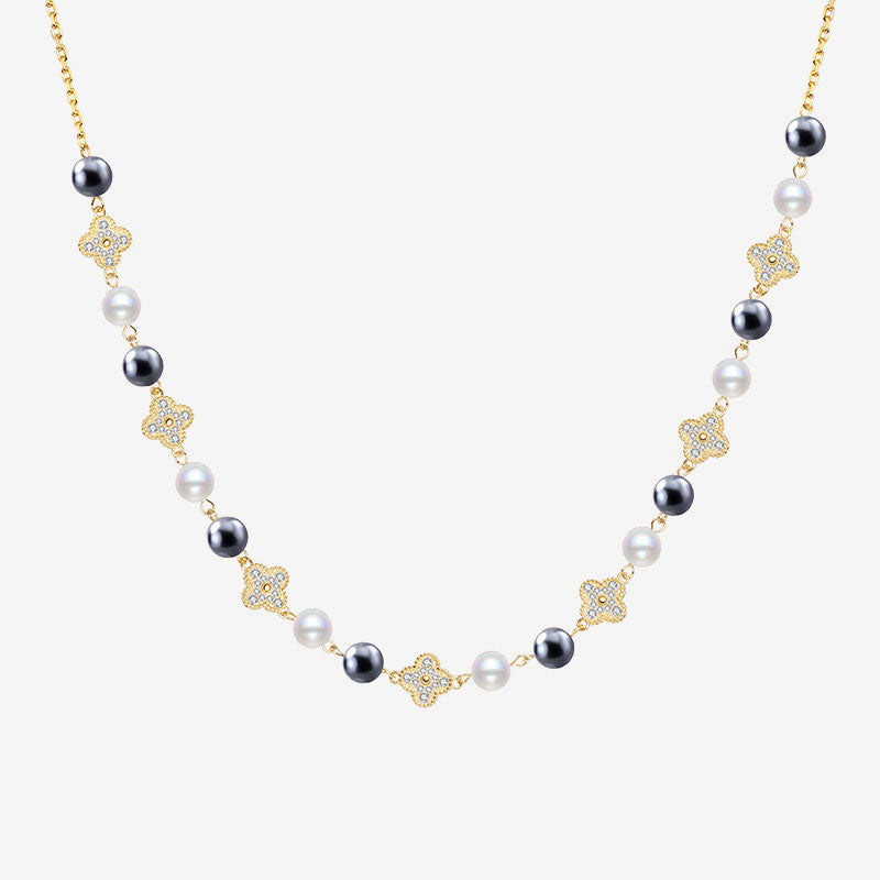 Cubic Zirconia Clover Pearl Cable Chain Bolo Slider Necklace