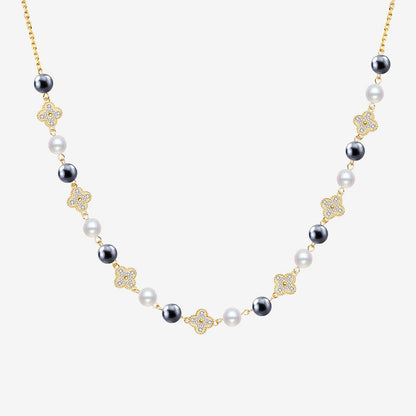 Cubic Zirconia Clover Pearl Cable Chain Bolo Slider Necklace