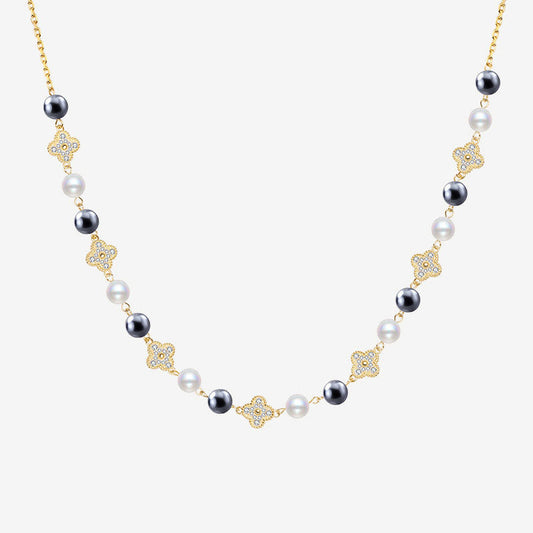 Cubic Zirconia Clover Pearl Cable Chain Bolo Slider Necklace