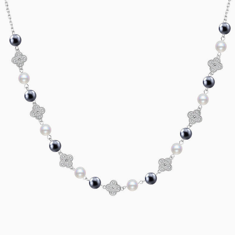 Cubic Zirconia Clover Pearl Cable Chain Bolo Slider Necklace