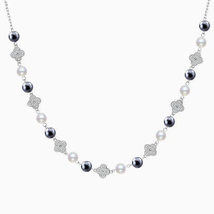 Cubic Zirconia Clover Pearl Cable Chain Bolo Slider Necklace