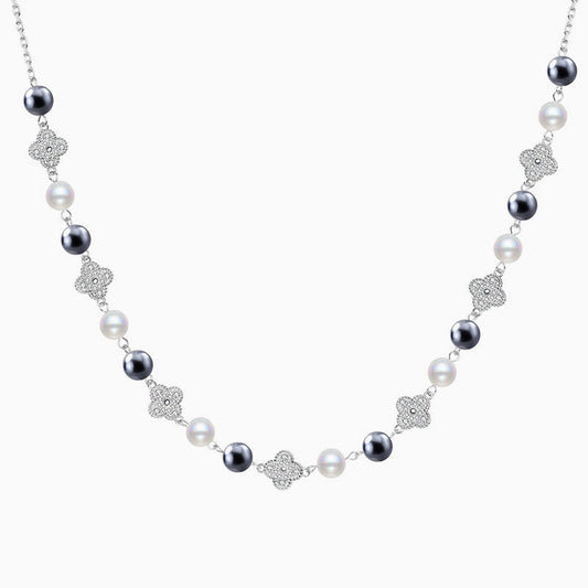 Cubic Zirconia Clover Pearl Cable Chain Bolo Slider Necklace