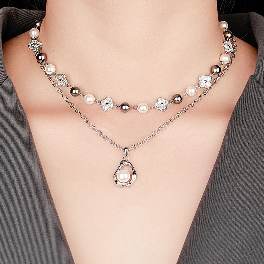 Cubic Zirconia Clover Pearl Cable Chain Bolo Slider Necklace