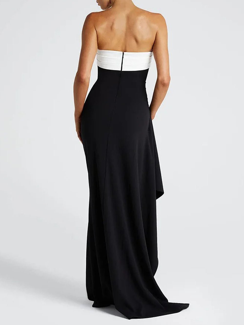 Strapless Contrast Band Ruched Side Thigh Slit Draped Panel Maxi Dress