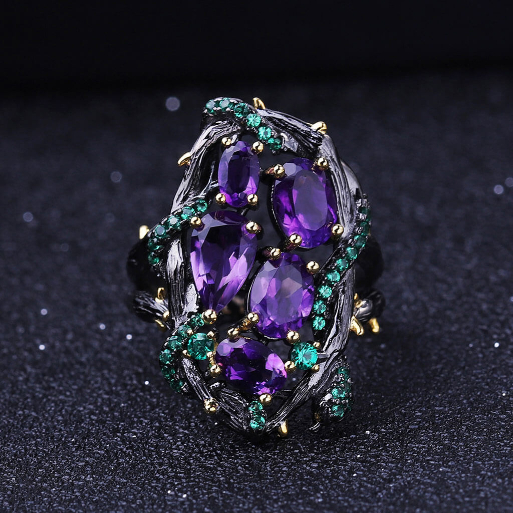 Emerald Green Nano Crystal Snake Ring with Natural Amethyst