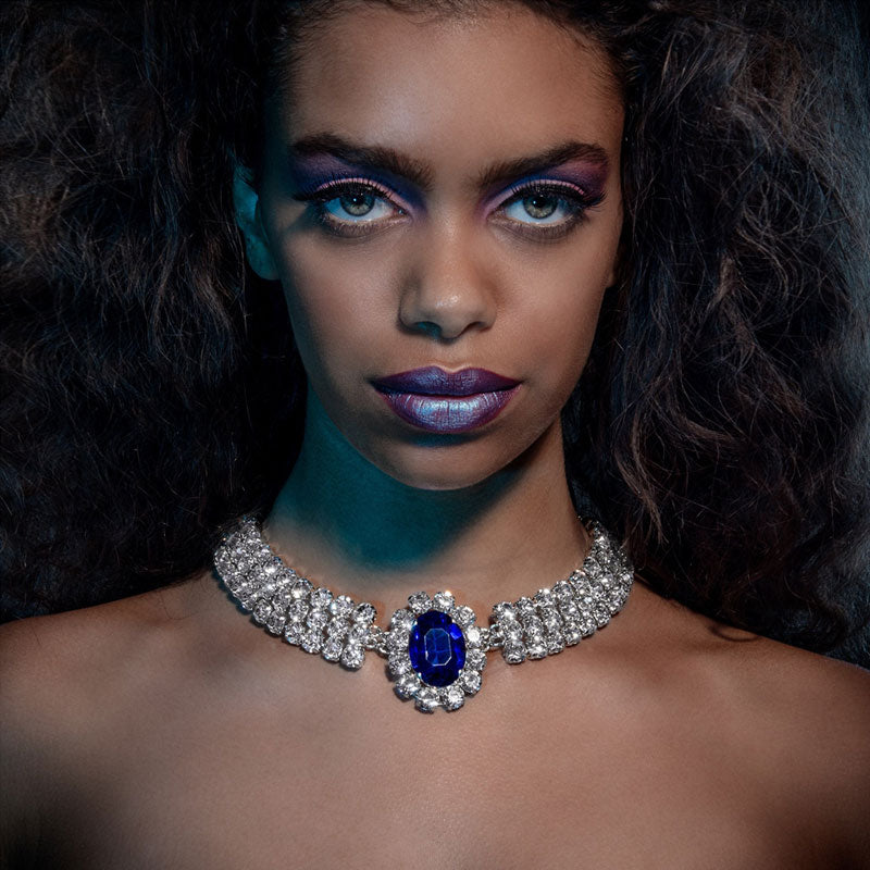 Faux Sapphire Crystal Collar Necklace - Silver