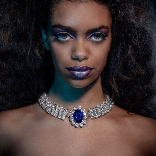 Faux Sapphire Crystal Collar Necklace - Silver