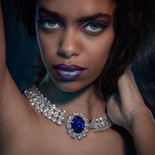 Faux Sapphire Crystal Collar Necklace - Silver