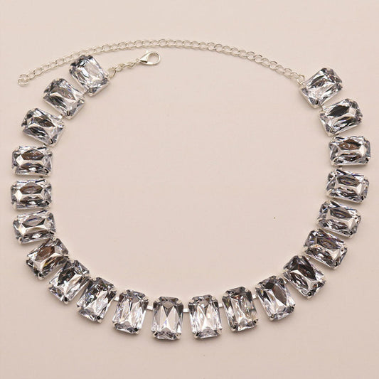 Emerald Cut Crystal Silver Plated Tennis Necklace - White