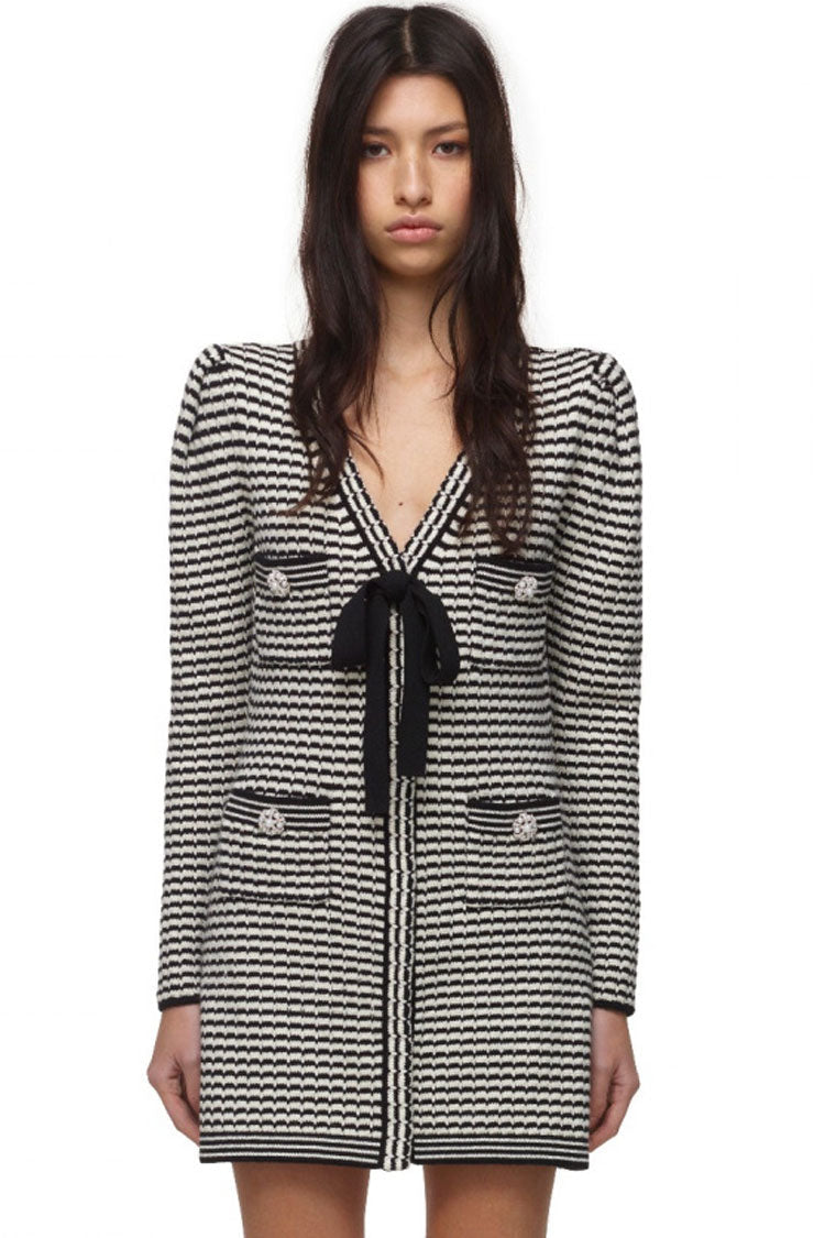 Striped Knit Long Sleeve Bow V-Neck Rhinestone Button Pocket Mini Dress