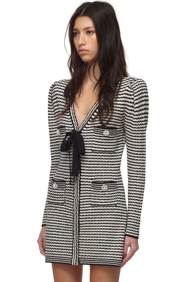 Striped Knit Long Sleeve Bow V-Neck Rhinestone Button Pocket Mini Dress