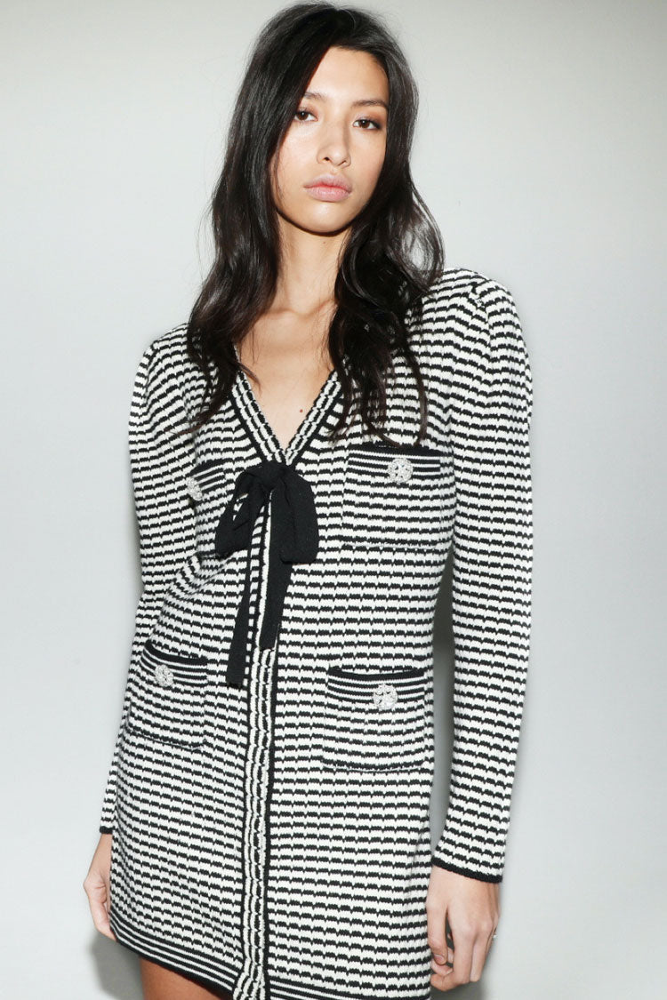 Striped Knit Long Sleeve Bow V-Neck Rhinestone Button Pocket Mini Dress