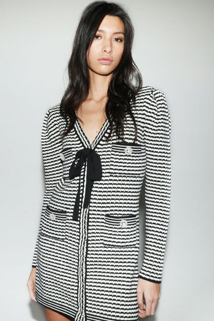 Striped Knit Long Sleeve Bow V-Neck Rhinestone Button Pocket Mini Dress