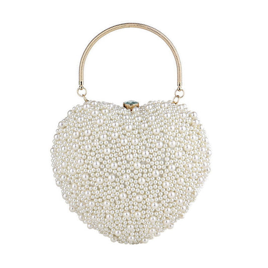 Beige Heart Shaped Clutch Bag with Luxury Metal Handle and Pearl Beads