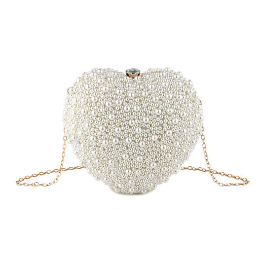 Beige Heart Shaped Clutch Bag with Luxury Metal Handle and Pearl Beads