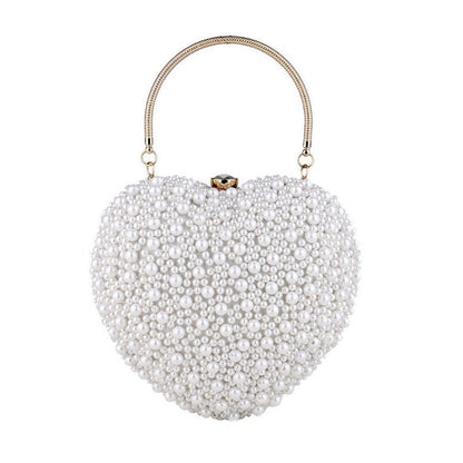 Pearl Beaded Heart Clutch Bag with Luxury Metal Handle - White