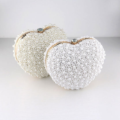 Pearl Beaded Heart Clutch Bag with Luxury Metal Handle - White