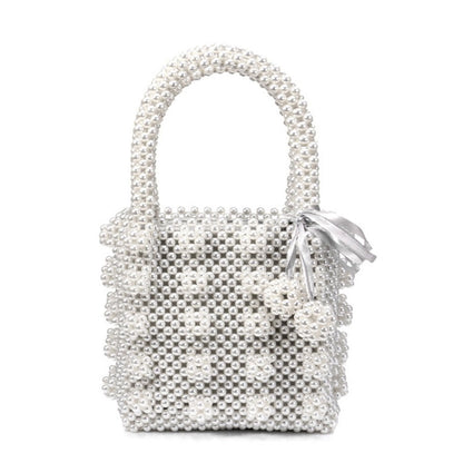 Luxury Square Top Handle Pearl Bucket Bag - White