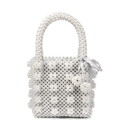 Luxury Square Top Handle Pearl Bucket Bag - White