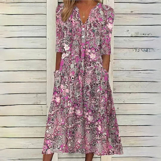 Boho Floral Paisley Print Henley Button Half Sleeve Pocket Midi Dress