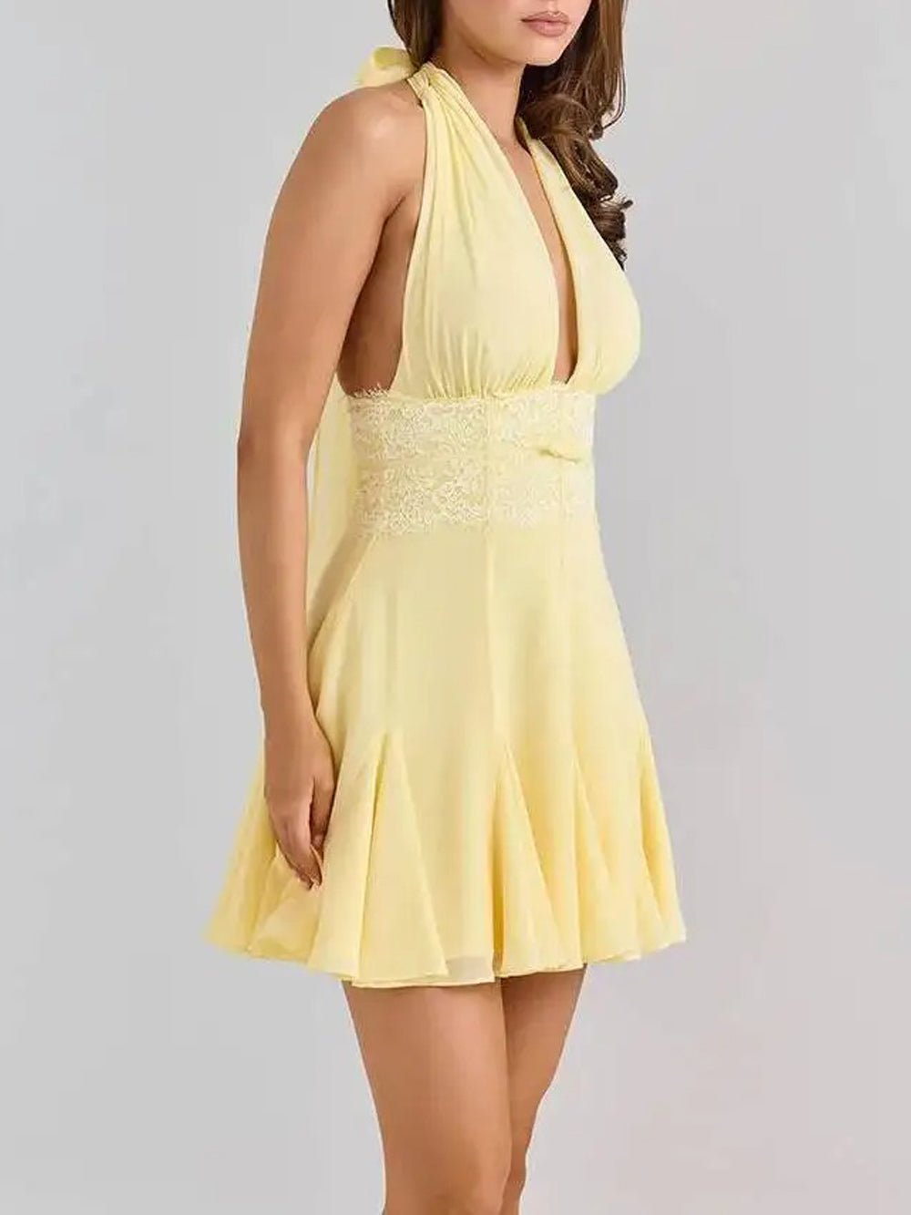 Halter Neck Deep V-Neck Lace Trim Waist Pleated Fit and Flare Mini Dress