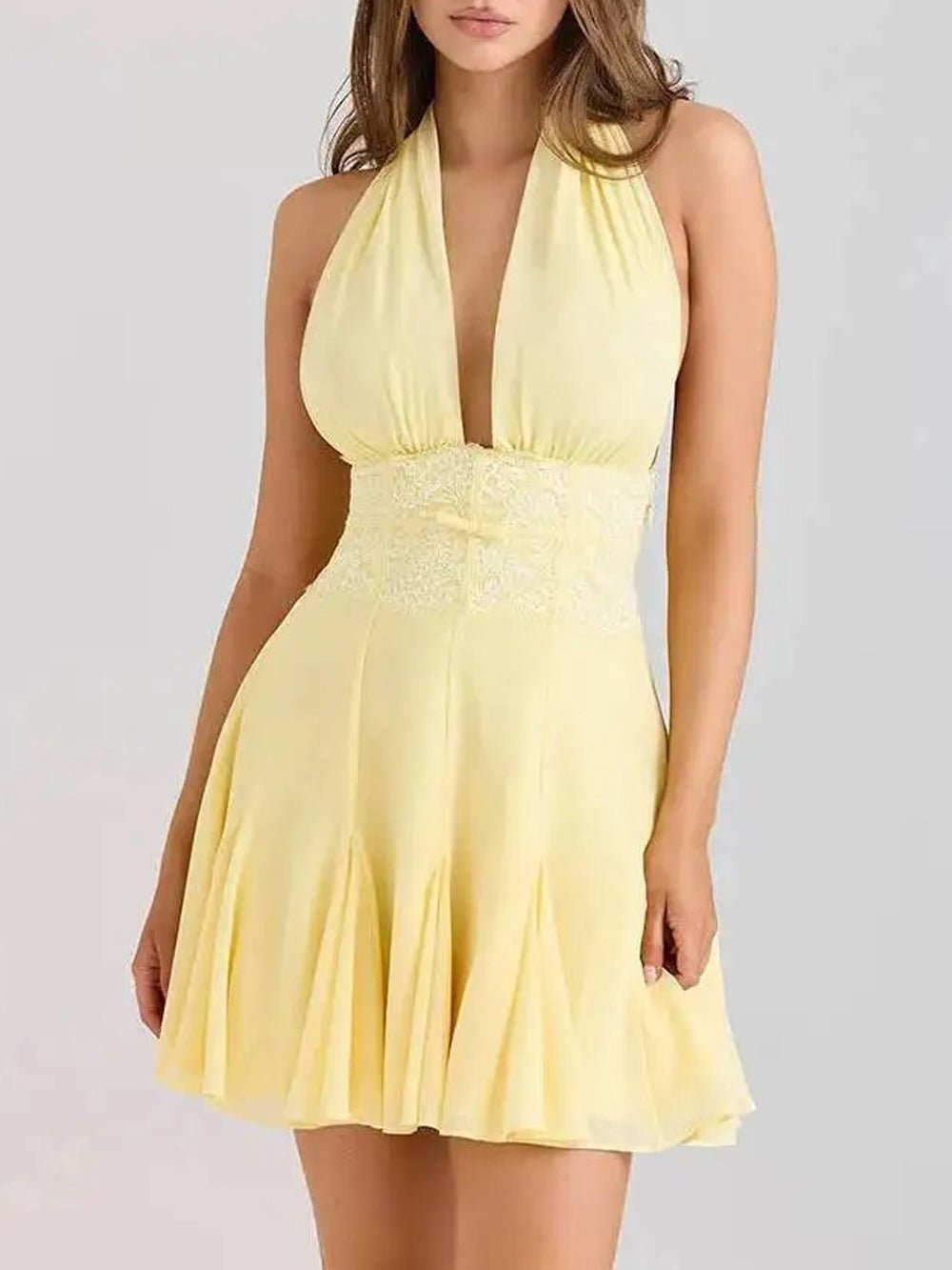 Halter Neck Deep V-Neck Lace Trim Waist Pleated Fit and Flare Mini Dress