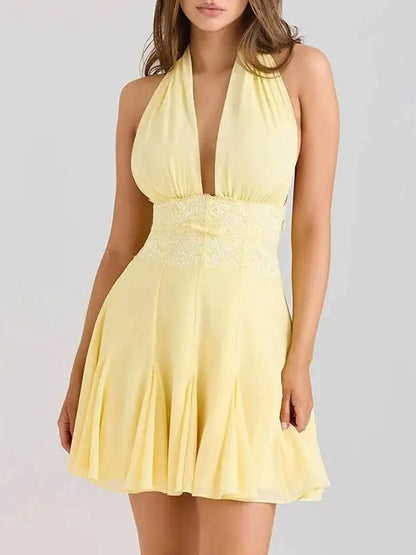 Halter Neck Deep V-Neck Lace Trim Waist Pleated Fit and Flare Mini Dress