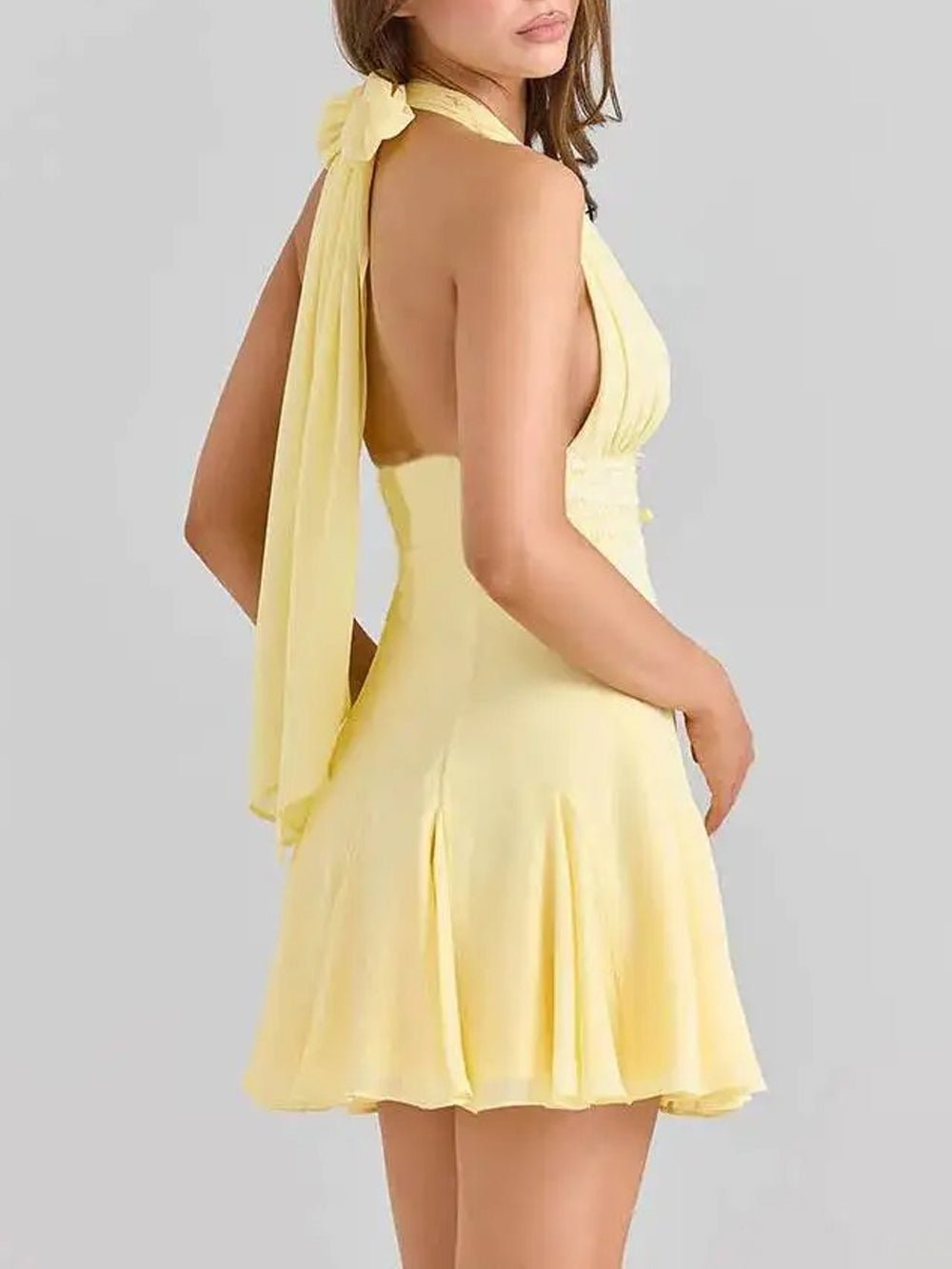 Halter Neck Deep V-Neck Lace Trim Waist Pleated Fit and Flare Mini Dress