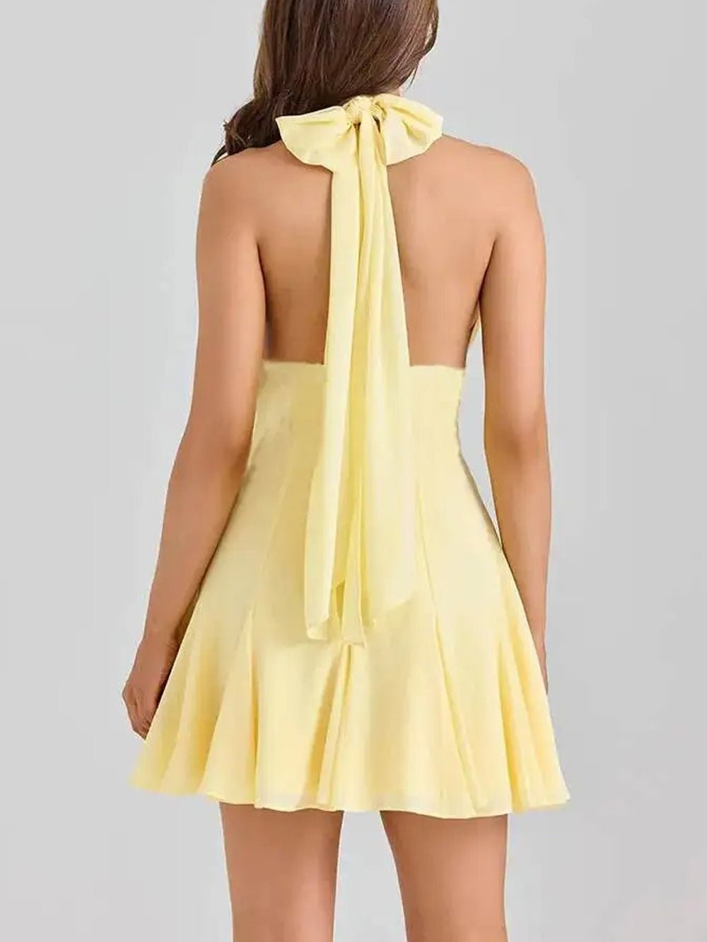 Halter Neck Deep V-Neck Lace Trim Waist Pleated Fit and Flare Mini Dress